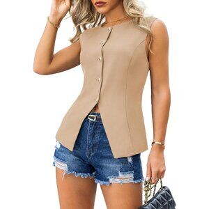 Women’s Khaki Sleeveless Business Causal Blazer Vests Dressy Work Tops Trendy
